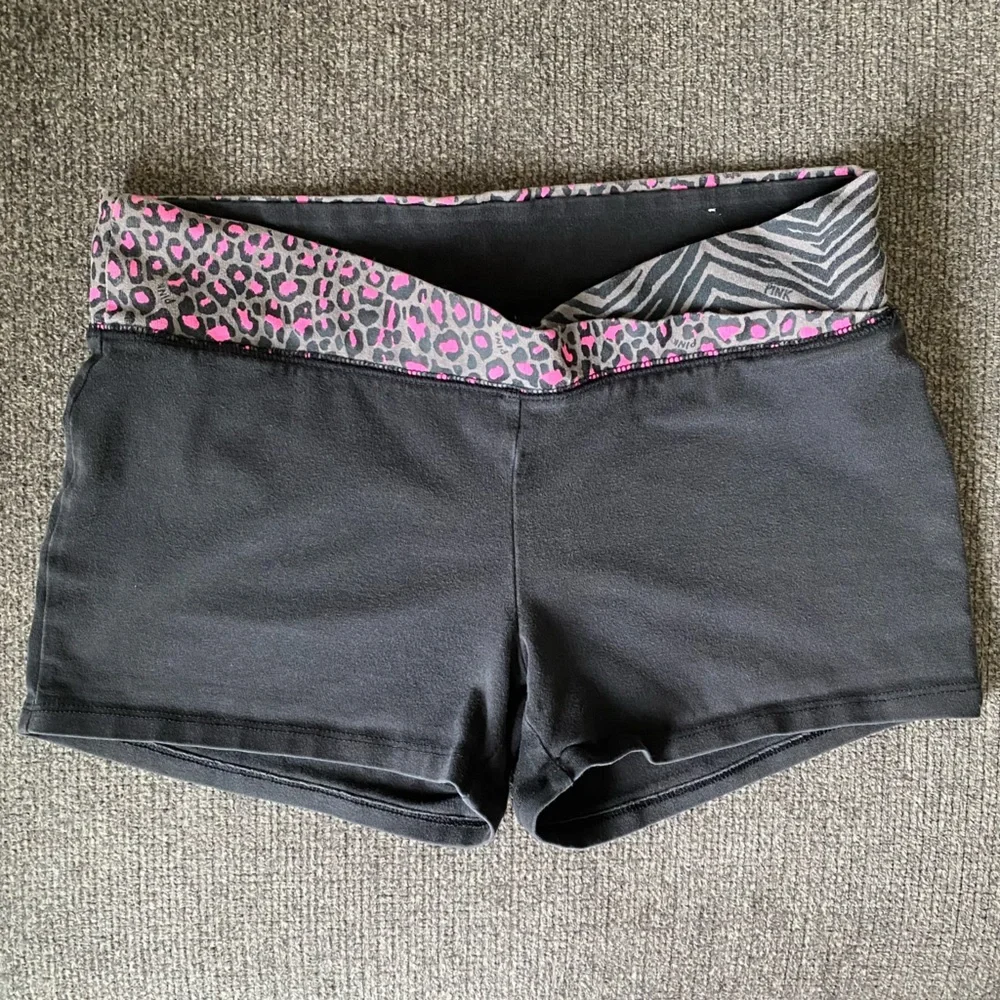 PINK Victoria's Secret Black Yoga Booty Shorts with Pink Leopard Accents - Picture 1 of 4